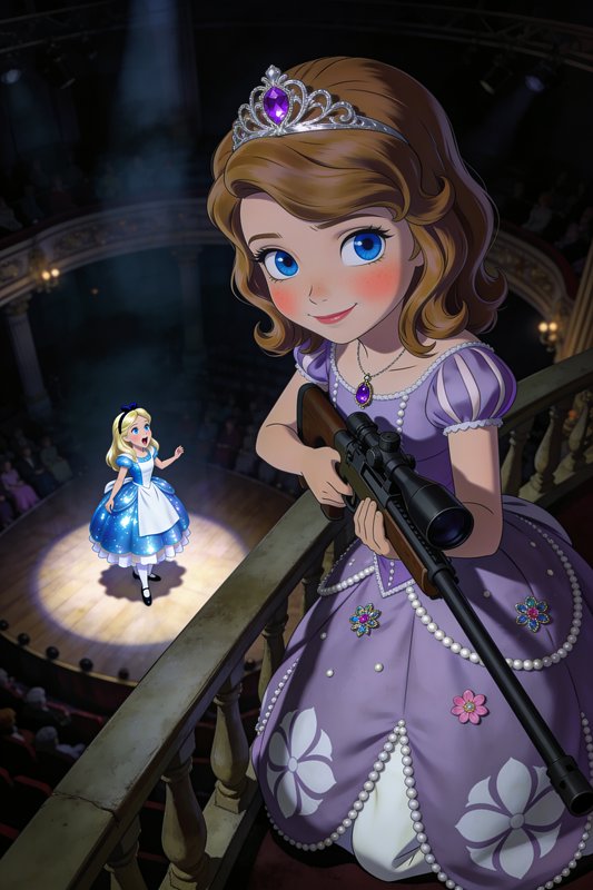 Princess Sofia leans over a theater balcony holding a scoped rifle, aiming at unsuspecting Alice ...