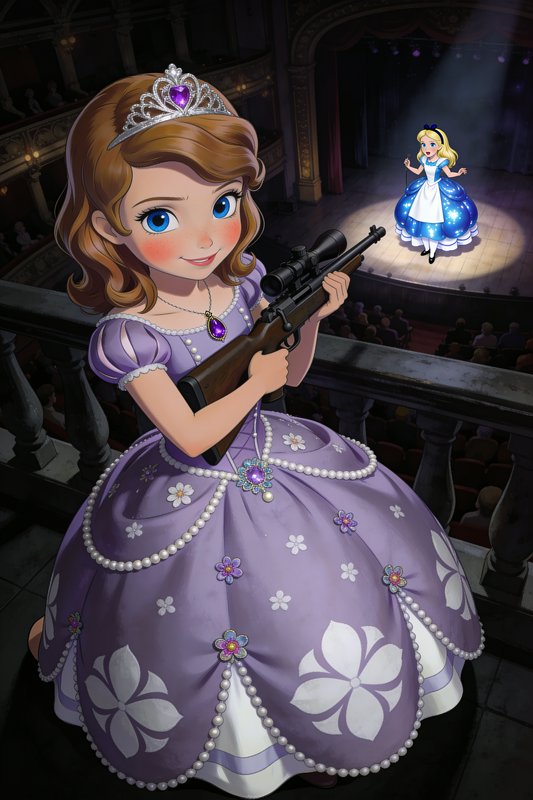 Animated Sofia the First in a theater balcony holding a scoped rifle, aiming at Alice performing ...