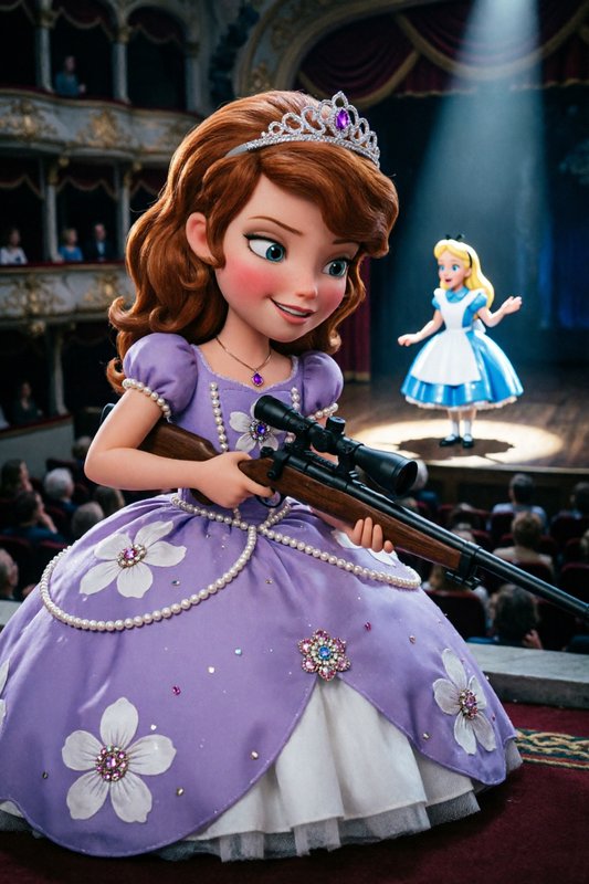 Sofia the First holds a scoped rifle in an opera theater, as Alice in Wonderland performs under a...