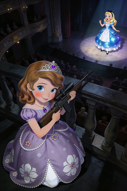 Viral meme: Sofia the First in a theater balcony aims a scoped rifle at a shocked Alice-style pri...