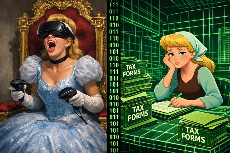 Split meme: Realistic Cinderella screams playing VR on a royal throne, while cartoon Cinderella s...