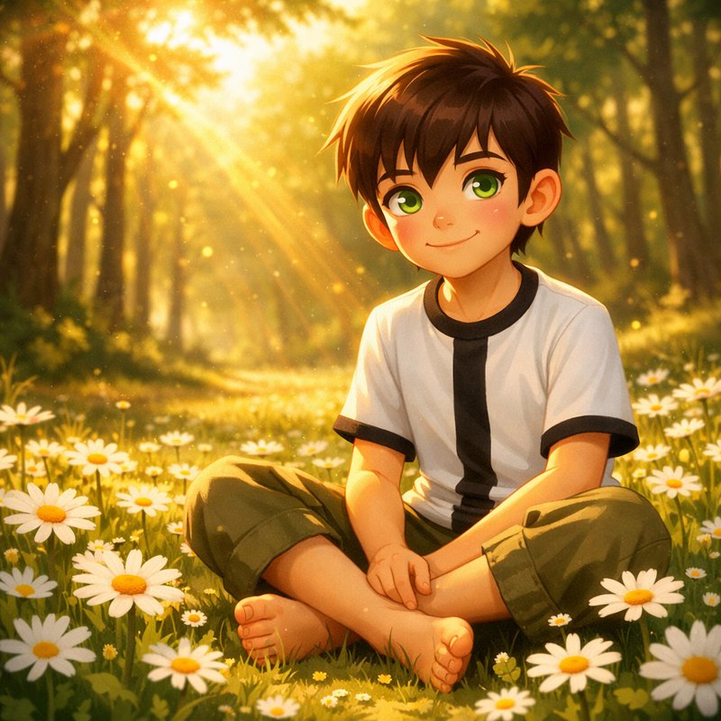 Anime-style green-eyed boy sits cross-legged barefoot in a sunlit daisy forest meadow, smiling wa...