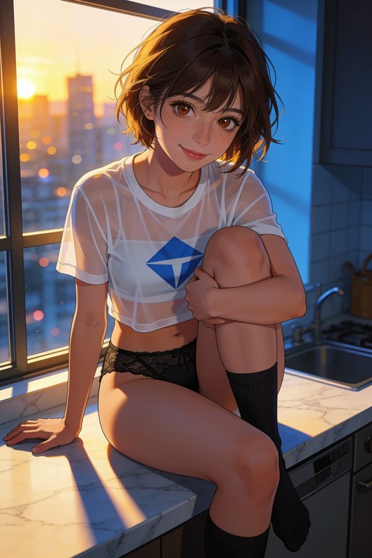 Anime-style girl with short brown hair and freckles sits on a kitchen counter, smiling, with a gl...