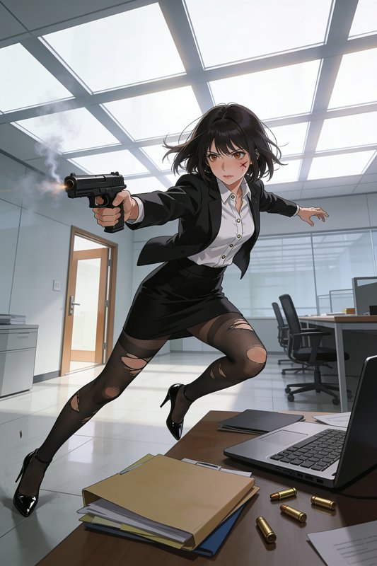 Anime action girl in business wear fires a smoking handgun mid-leap with battle damage in a moder...