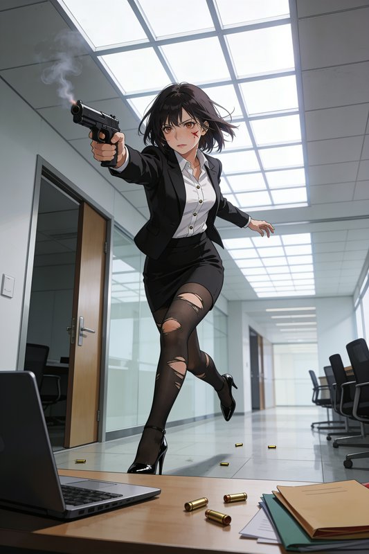"Anime female action hero in a business suit fires a smoking handgun in a modern office, with sca...