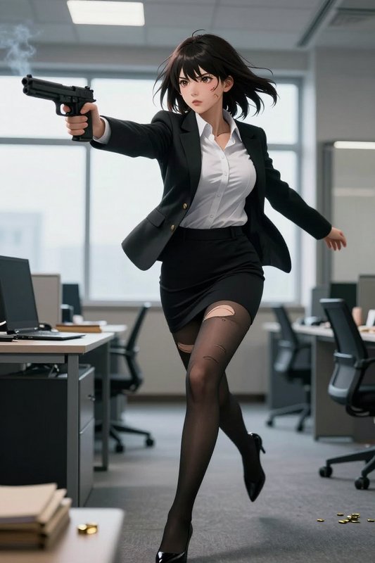 Anime-style action girl in a business suit aims a smoking handgun mid-chase in a modern office, w...