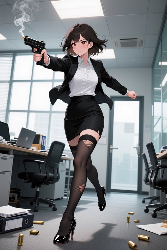 Anime businesswoman in a black suit fires a smoking handgun, running through a modern office with...