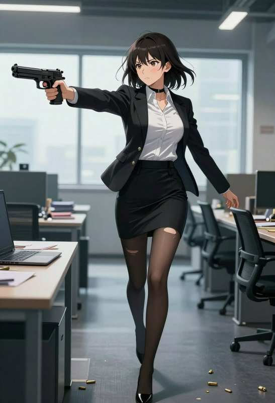Anime-styled female secret agent in business attire aims a handgun moving through a modern office...