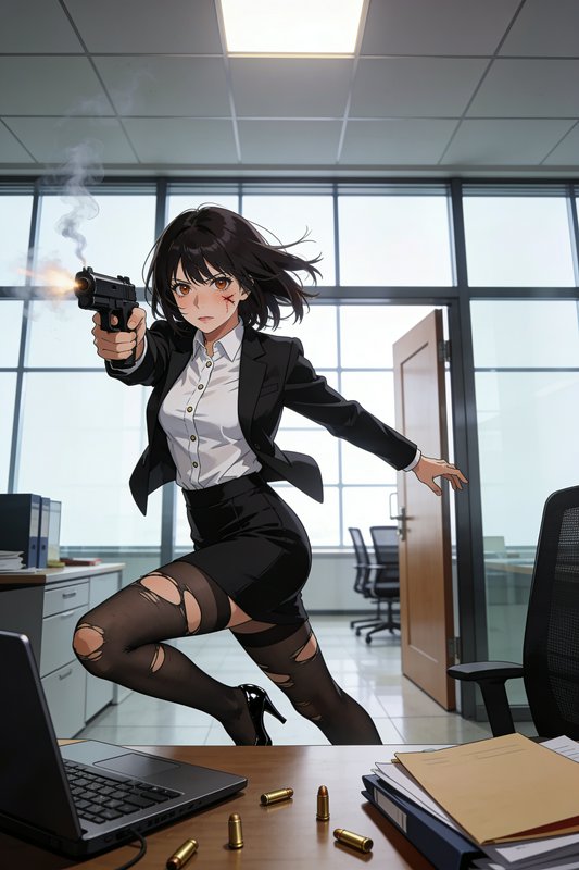 Anime female secret agent in a business suit fires a smoking handgun in a modern glass office, bu...
