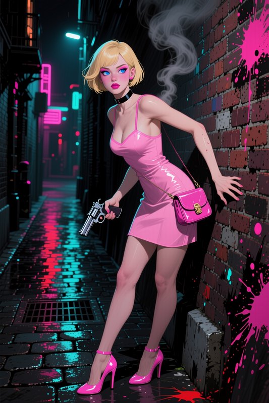 Cyberpunk anime femme fatale in pink dress holds a smoking revolver in a neon lit gritty city all...