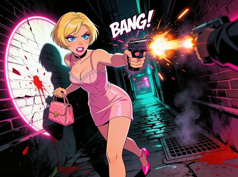 Vibrant pop art comic of a fierce blonde woman in a pink dress firing a handgun in a neon lit all...