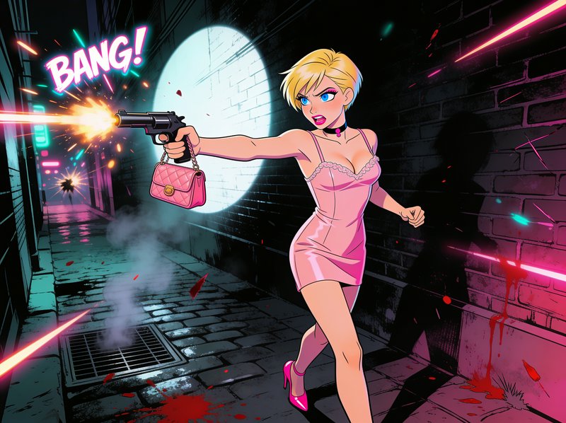 Anime-style blonde woman in a pink dress fires a revolver in a neon-lit dark alley, with "BANG!" ...