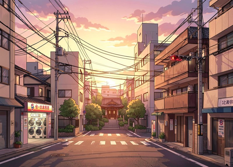 Anime-style illustration of a quiet Tokyo residential street at golden sunset, with a small neigh...