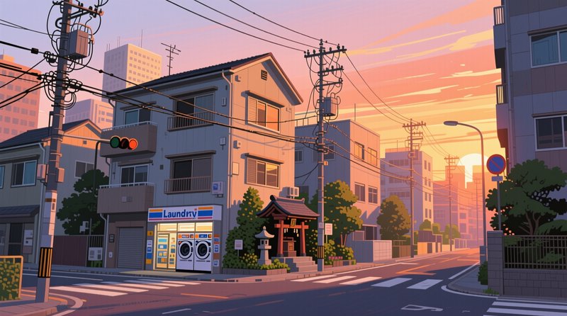 Warm anime illustration of a quiet Japanese residential street at sunset, featuring a corner laun...