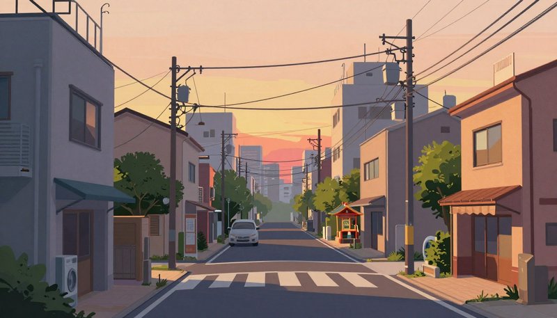 Anime illustration of quiet residential Japanese neighborhood street during warm pastel golden ho...