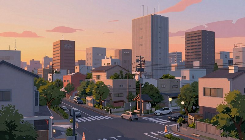 Stylized lofi anime illustration of a quiet Japanese residential neighborhood street intersection...