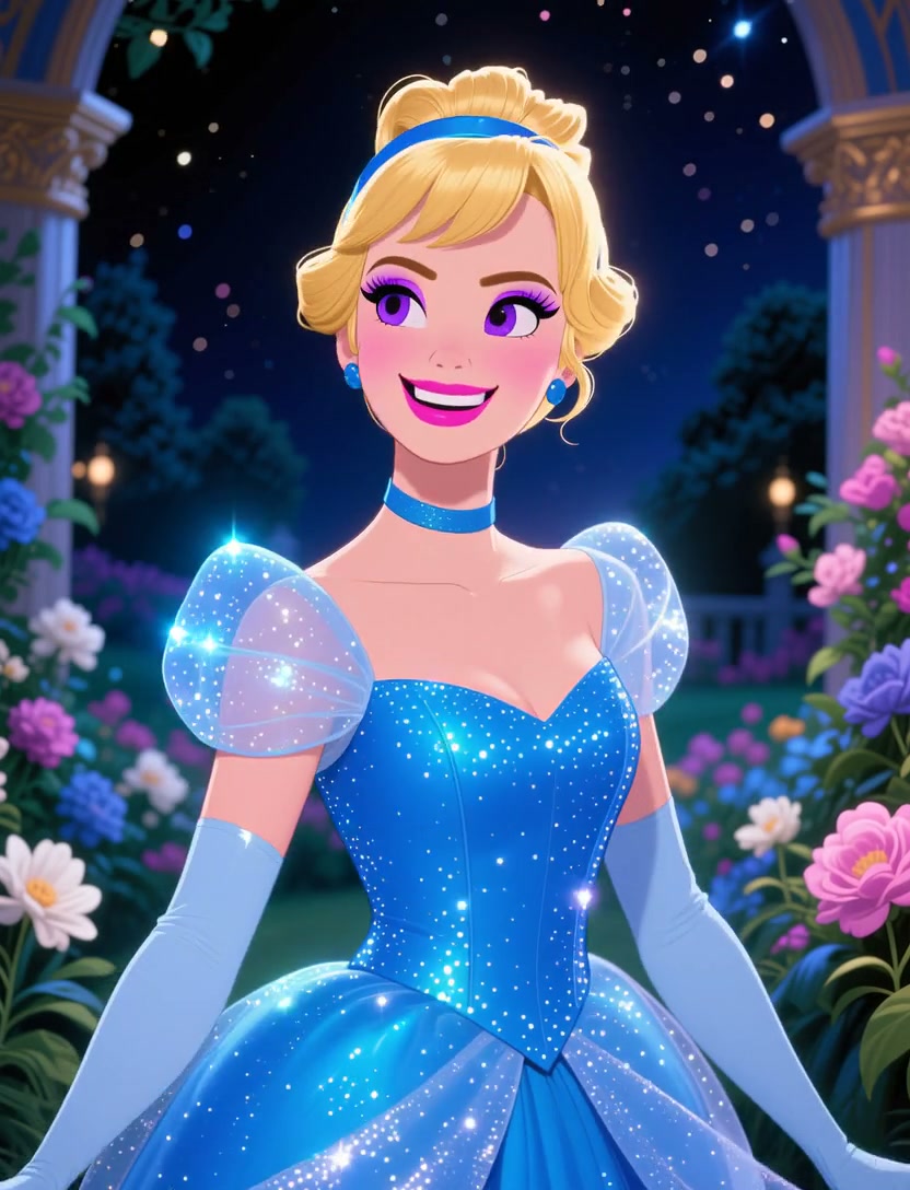 Animated princess in a sparkling blue ball gown in a moonlit garden.