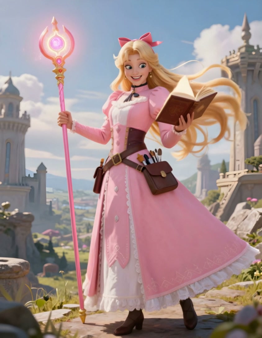 Animated pink-dressed princess with glowing wand and open book against a castle backdrop.