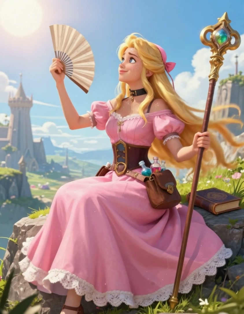 Disney-inspired princess in a pink gown sits on a rock, holding a fan and magical staff.