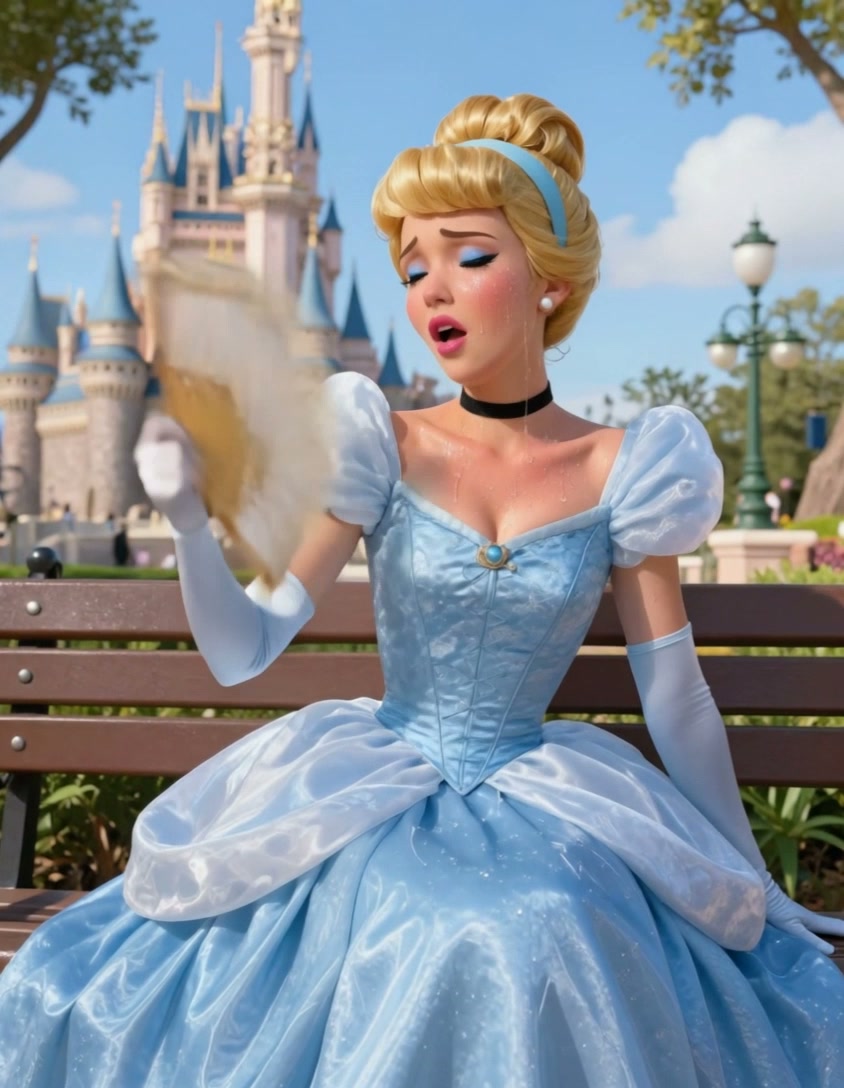Cinderella in a blue ballgown sitting on a park bench near a Disney castle.