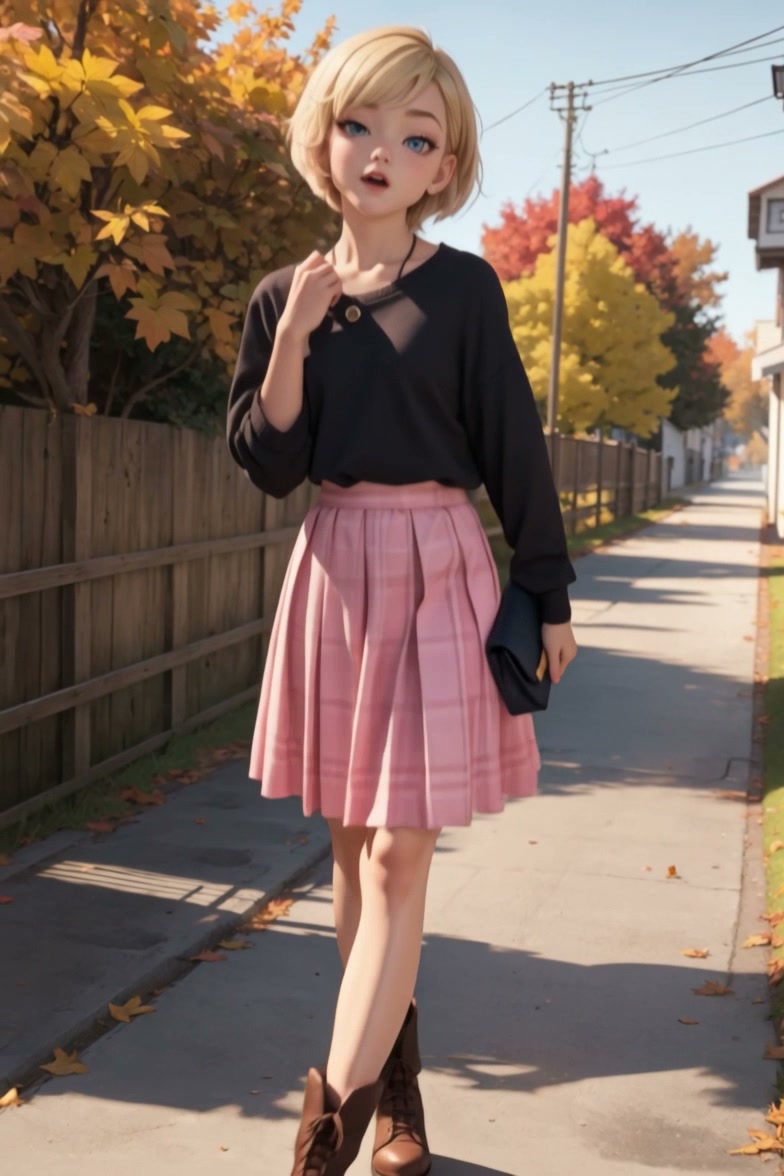 Anime-style girl with short blonde hair in a black top and pink plaid skirt walking on a sunny au...