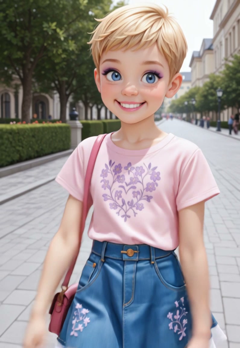 Animated cartoon girl with short blond hair in pink floral shirt and blue jeans on a city street.