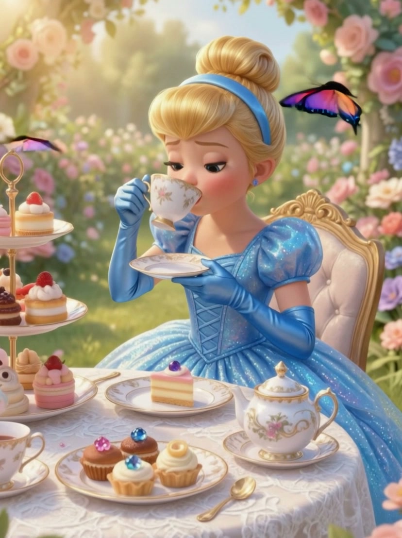 Cinderella in a blue dress sipping tea at a garden tea party with pastries and butterflies.