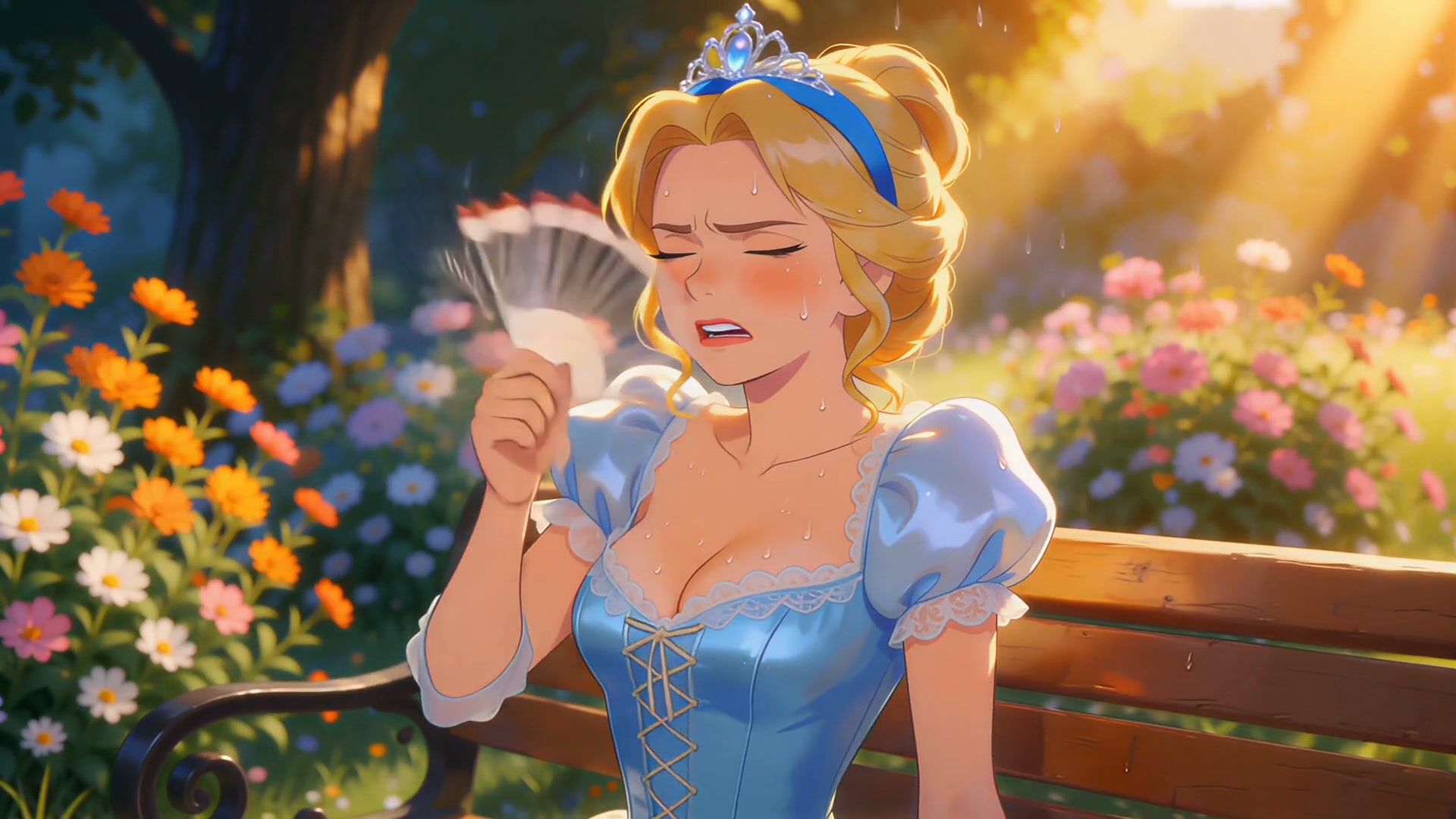Animated princess in a blue dress on a bench, wiping sweat with a fan in a sunny garden.