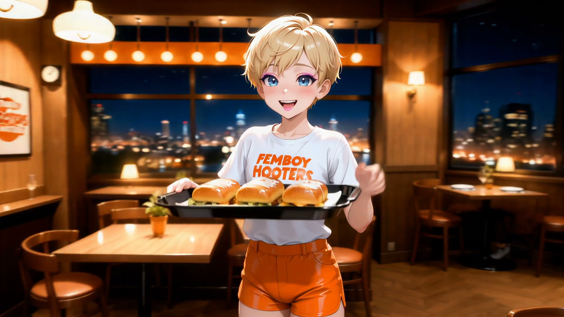 Anime-style character in a Hooters uniform serving a tray of burgers inside a cozy, night-lit res...