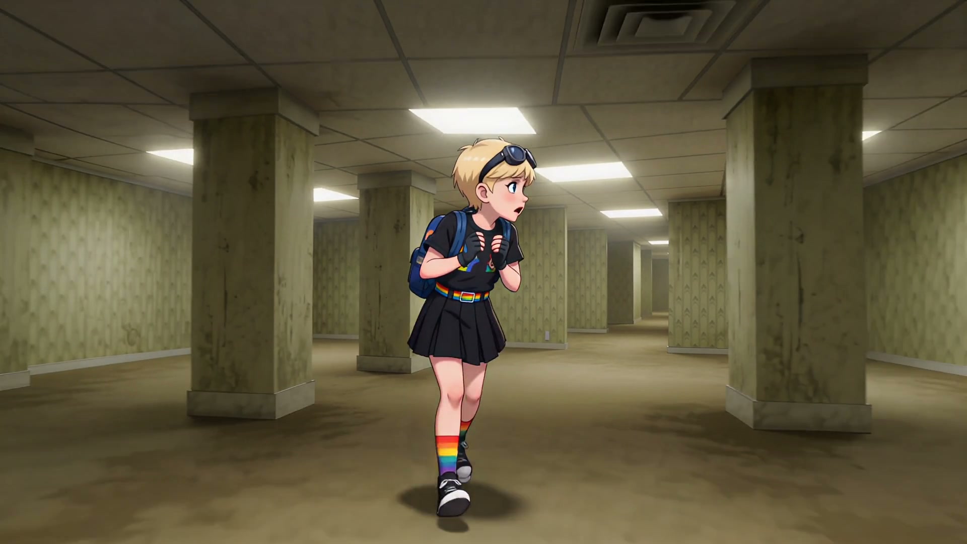 Animated girl with rainbow socks and goggles walks through a dim, columned hallway.