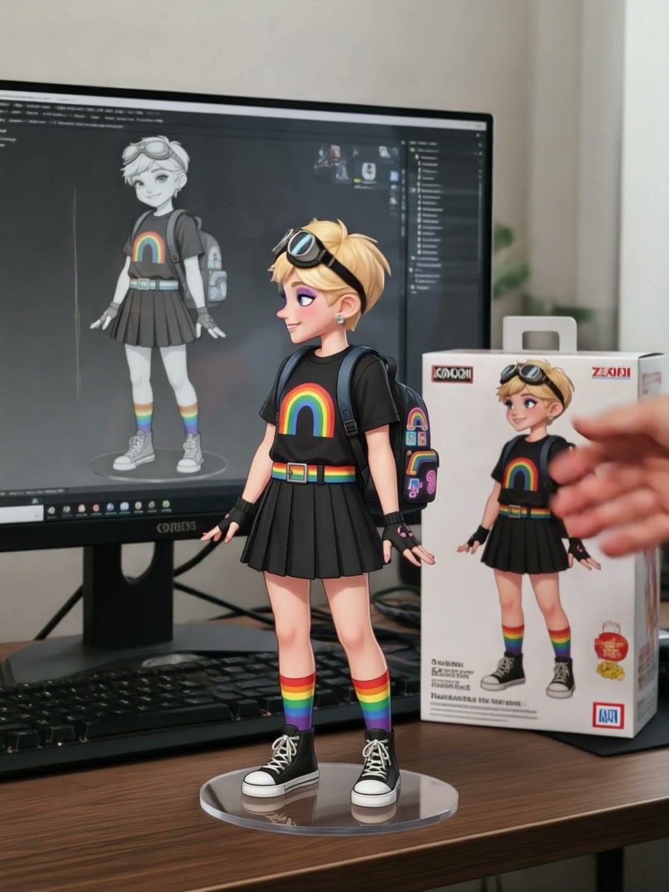 3D-printed anime-style girl figurine with rainbow shirt and rainbow socks on a desk next to a mon...