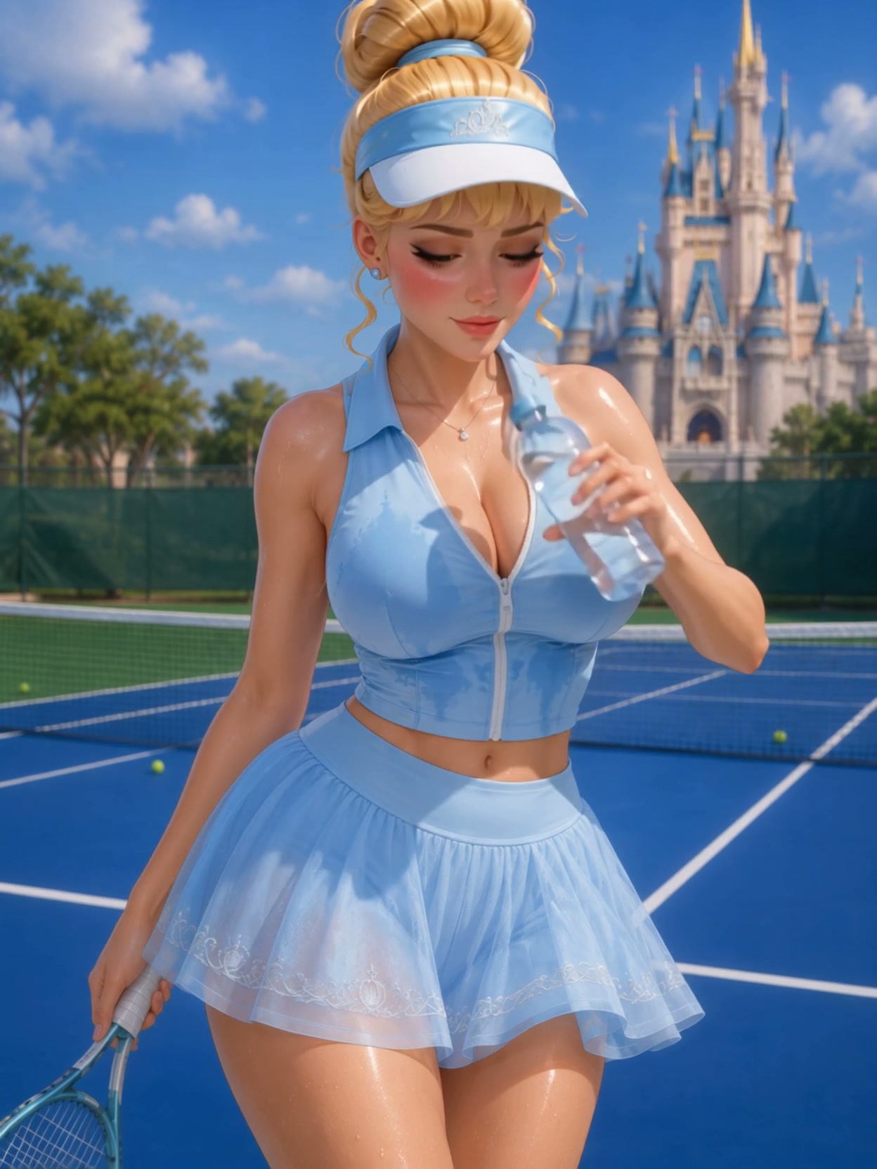 Cartoon-style blonde woman in blue tennis outfit on a court with a Disney-style castle in the bac...