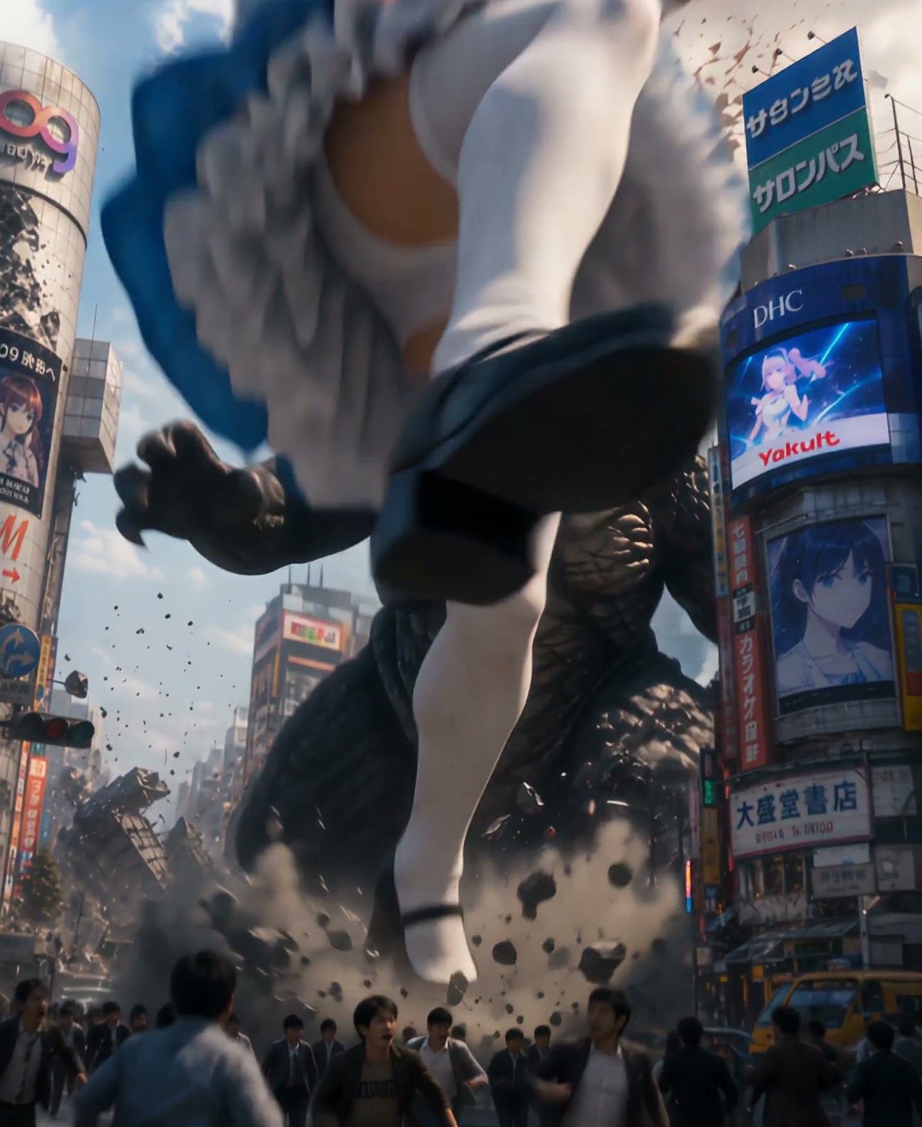 Giant anime maid girl leaps over fleeing crowds as a kaiju destroys Tokyo’s Shibuya crossing, sen...