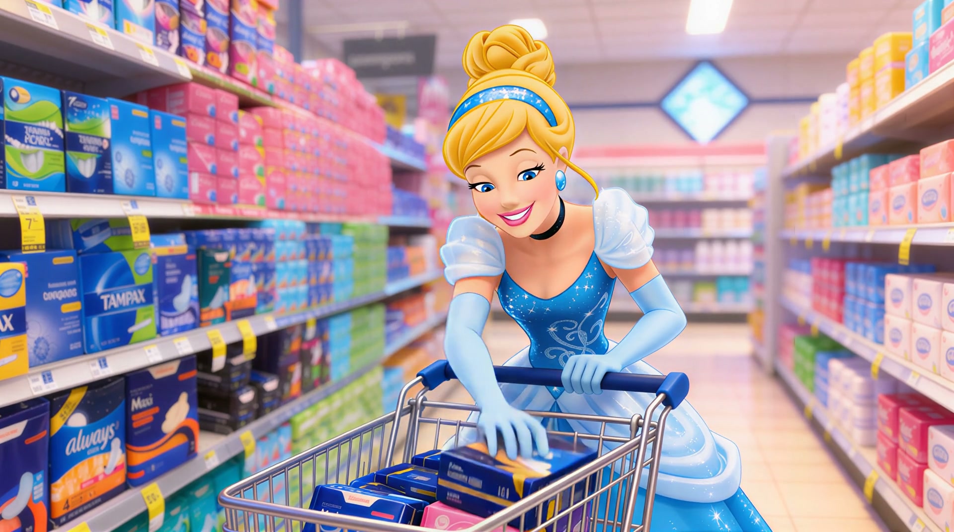 Disney's Cinderella pushes a shopping cart, loading period care products in a supermarket's femin...