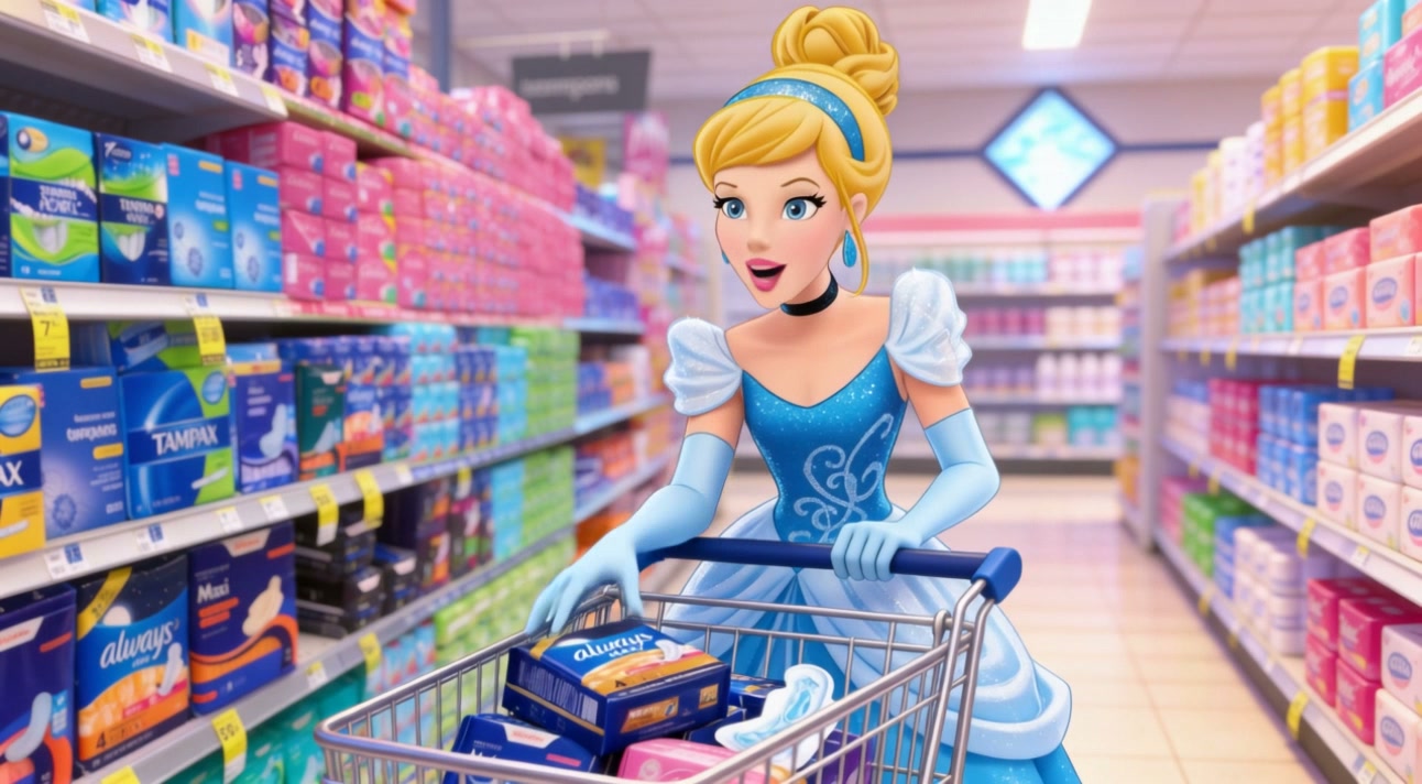 Disney's Cinderella pushes a shopping cart of menstrual care products through a grocery store's f...
