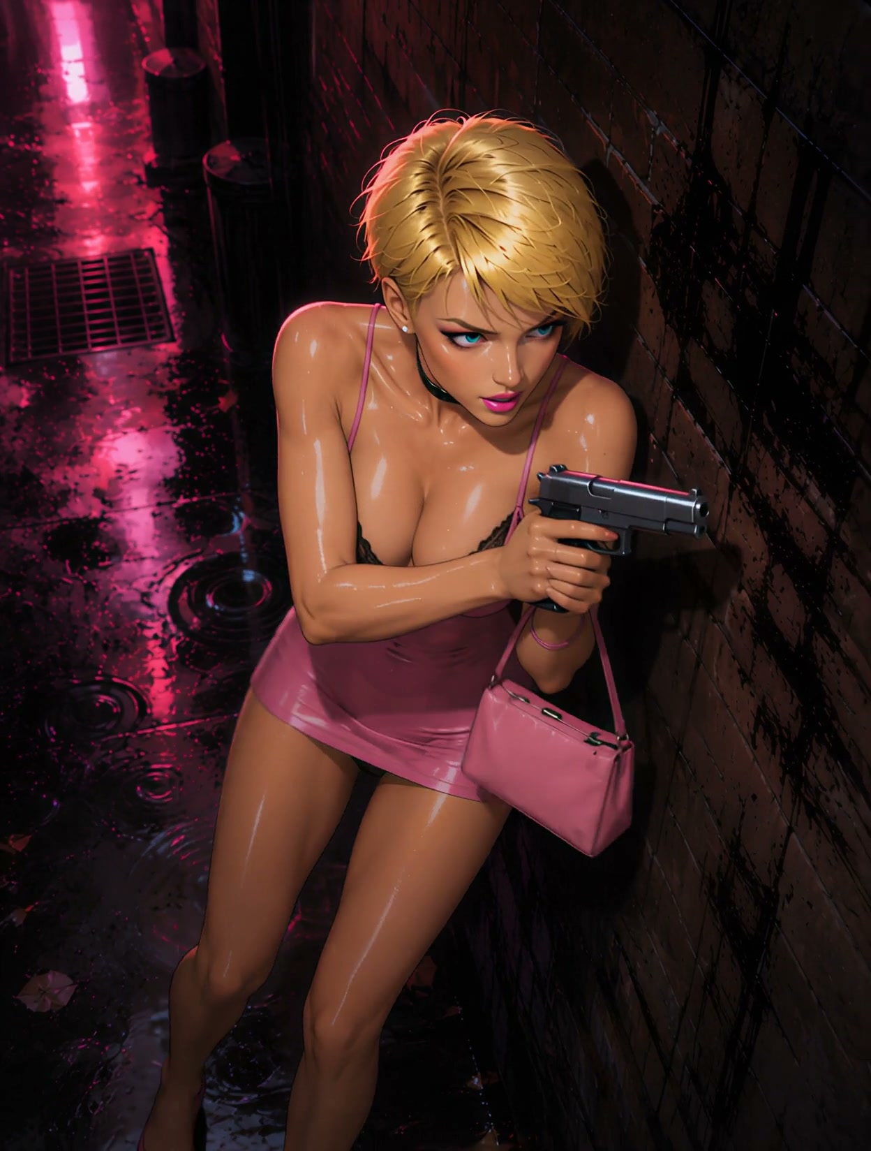 Stylized blonde woman in pink dress aims a handgun while taking cover in a rain-soaked neon city ...