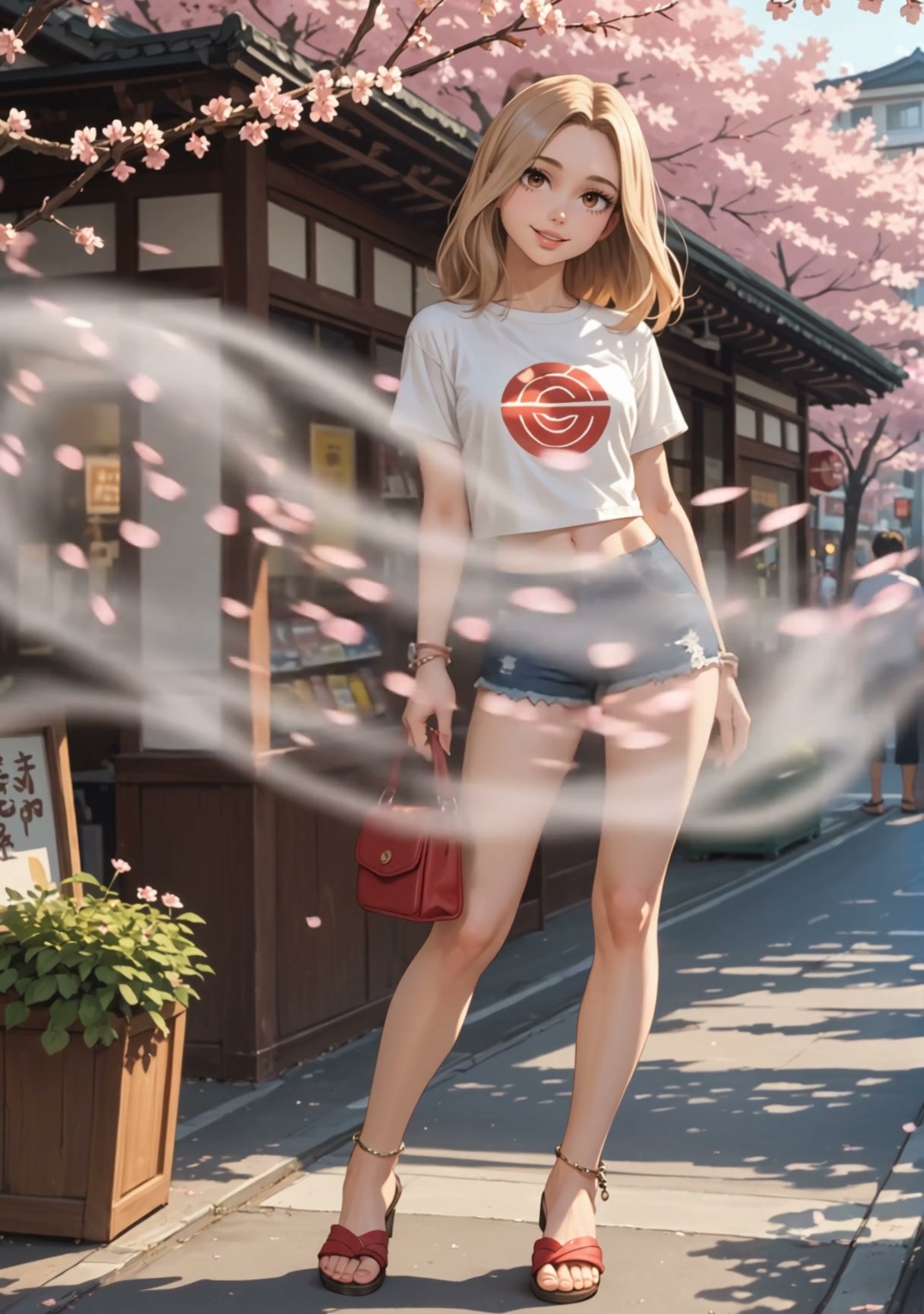 Blonde anime young woman in casual wear stands on a Japanese street as swirling cherry blossom pe...