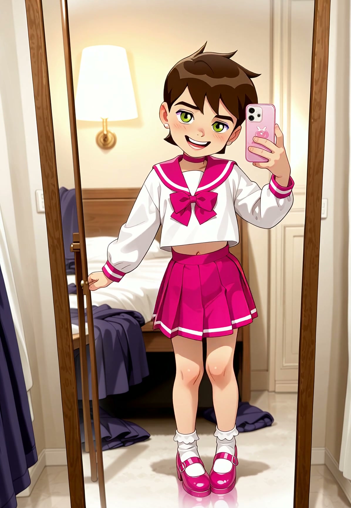 Anime Ben Tennyson takes a mirror selfie in a bright pink sailor school uniform in a cozy bedroom.