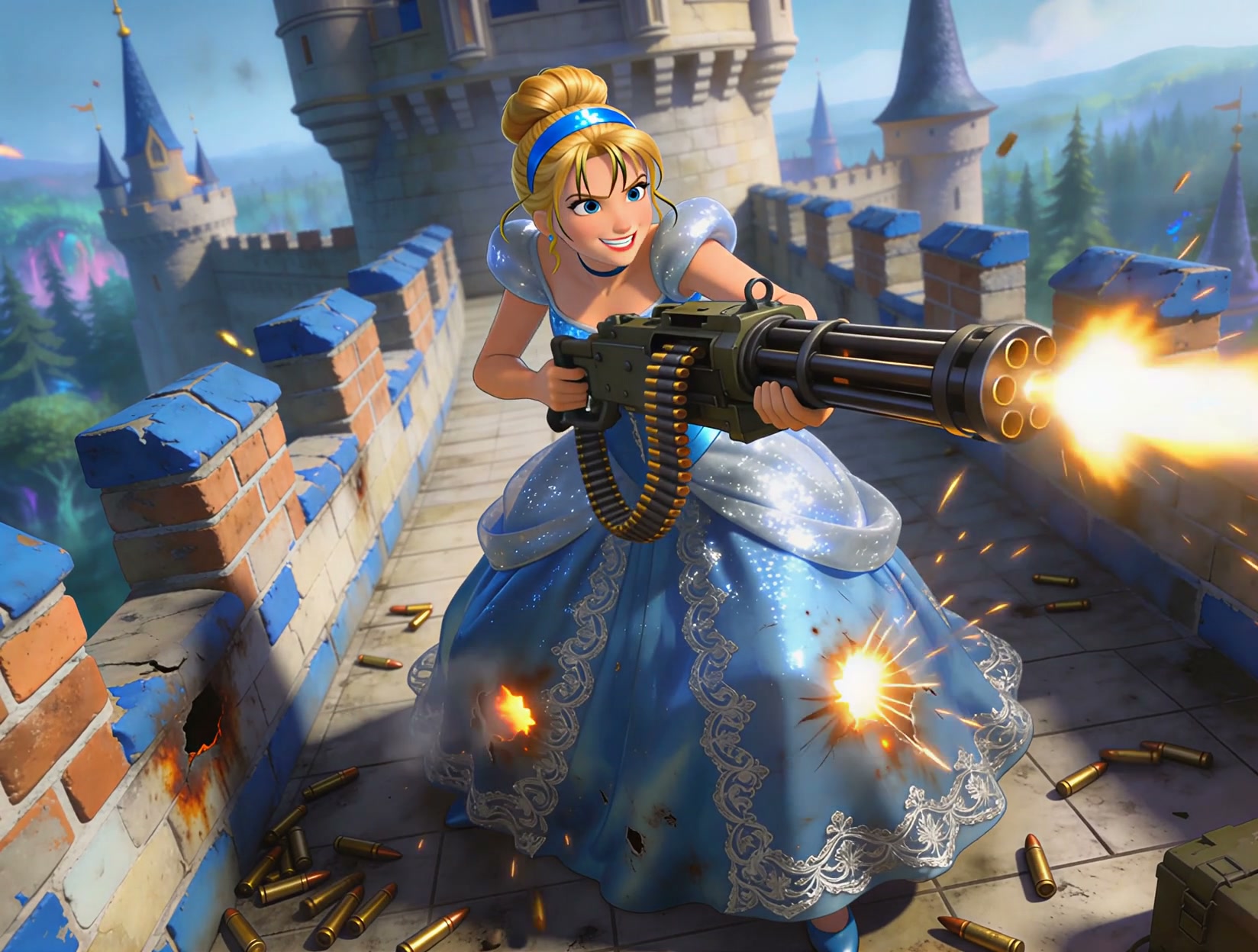 Animated Cinderella in a sparkly blue ball gown fires a minigun while standing on a fairy tale ca...