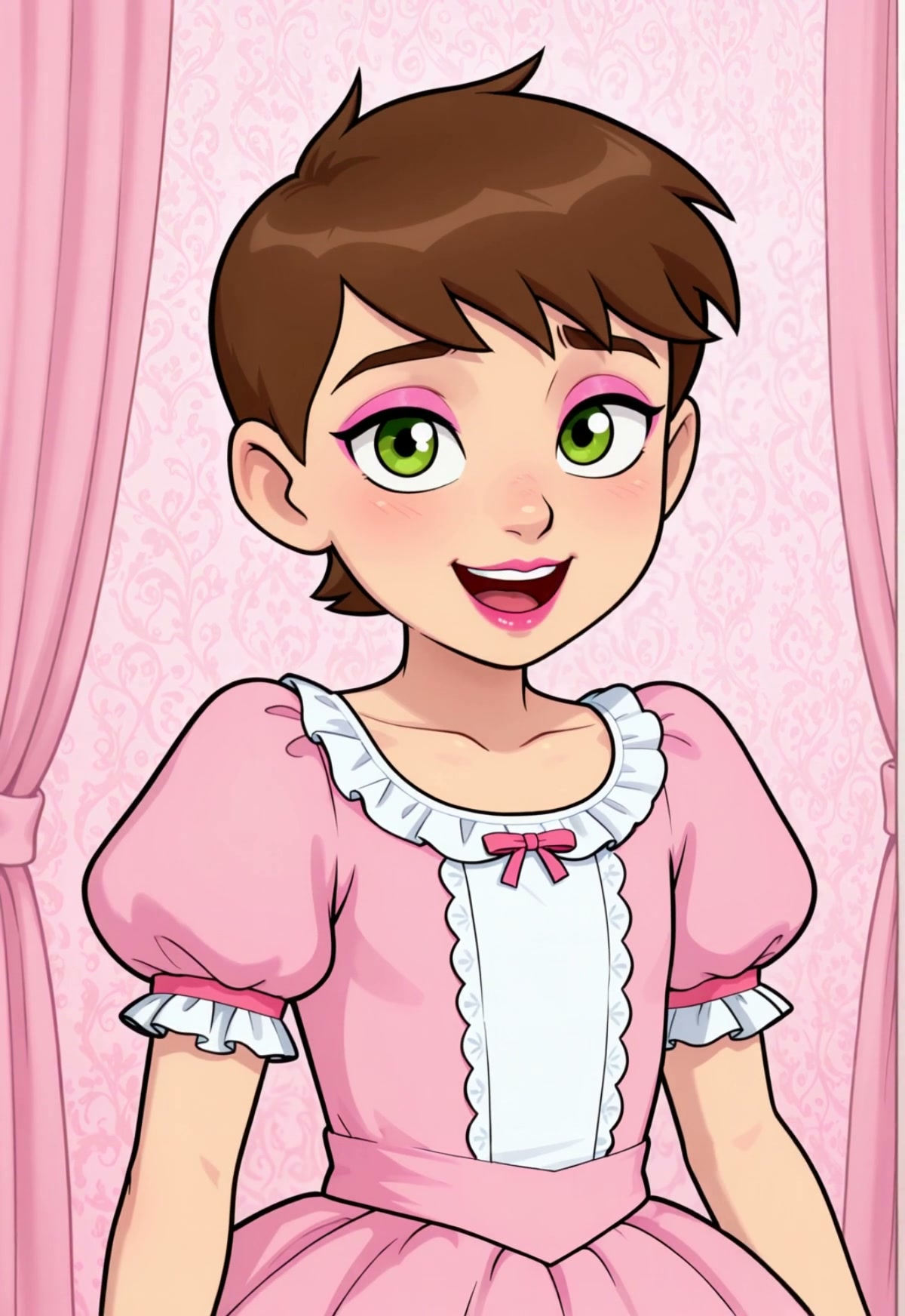 Cheerful cartoon character with short brown hair wears a frilly pink dress, standing in a pastel ...