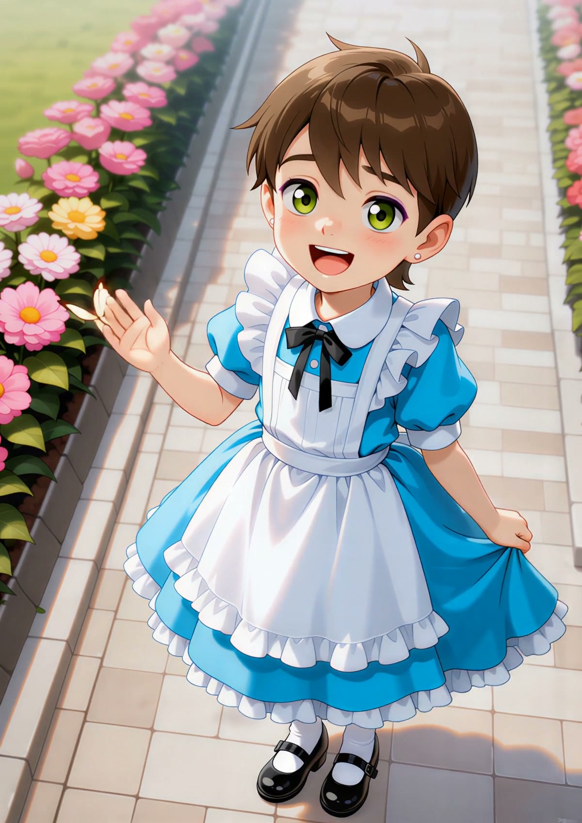 Cheerful anime boy in an Alice in Wonderland costume waves from a sunlit flower-lined garden path