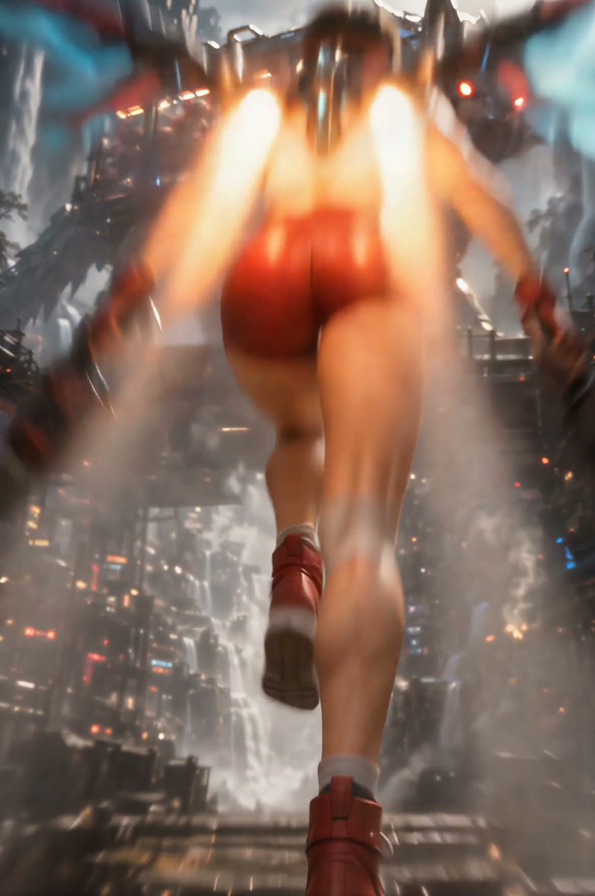 Back view of muscular female jetpack character launching upward with motion blur, above a futuris...