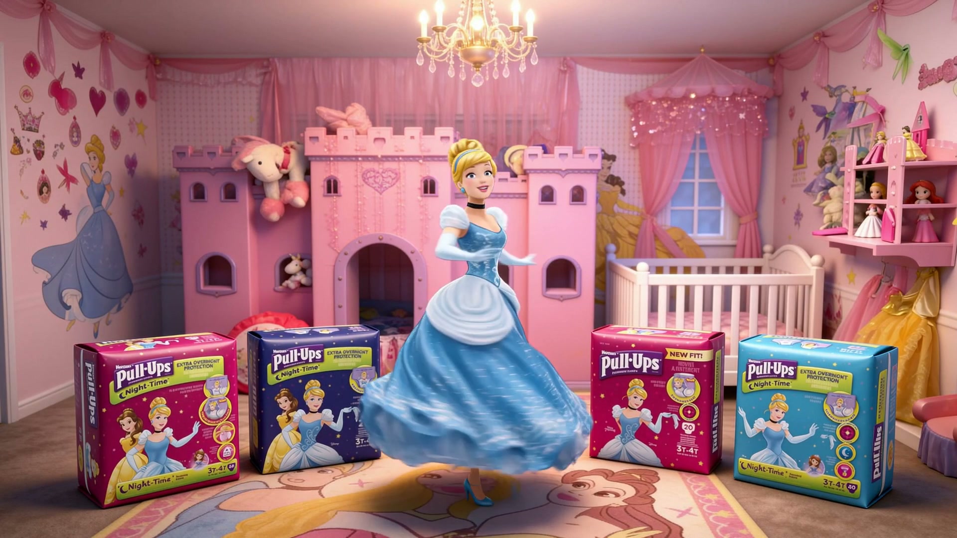 Animated Cinderella stands with Huggies Pull-Ups product boxes in a whimsical pink Disney princes...