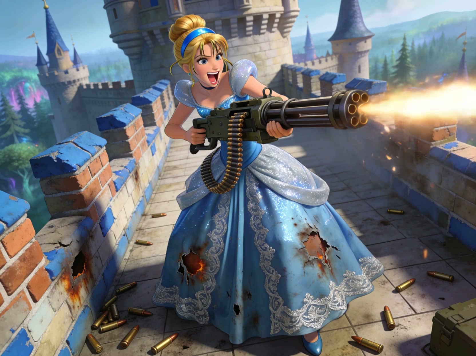 Animated Cinderella fires a rotary minigun from a fantasy castle battlement, her sparkly blue gow...