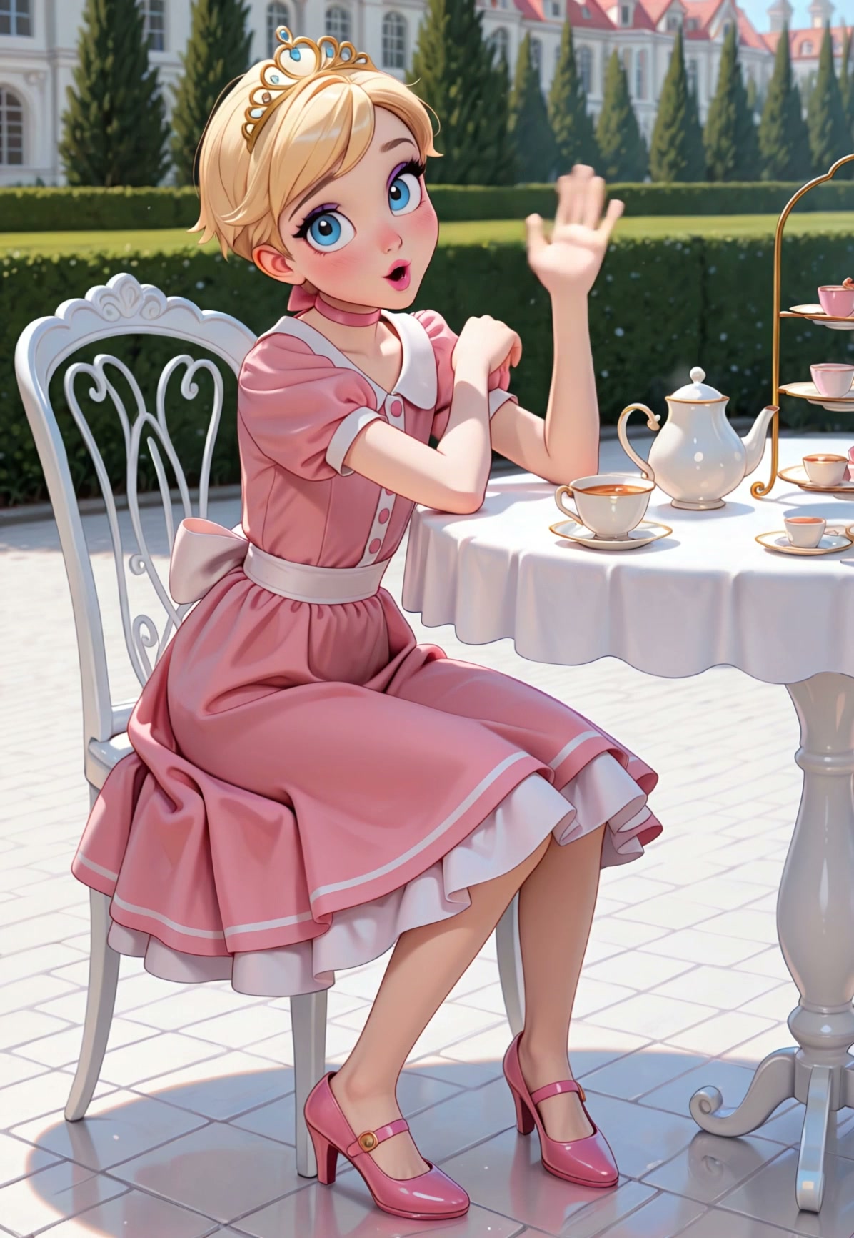 Blonde animated princess in a pink dress waves cheerfully at an outdoor palace garden tea party