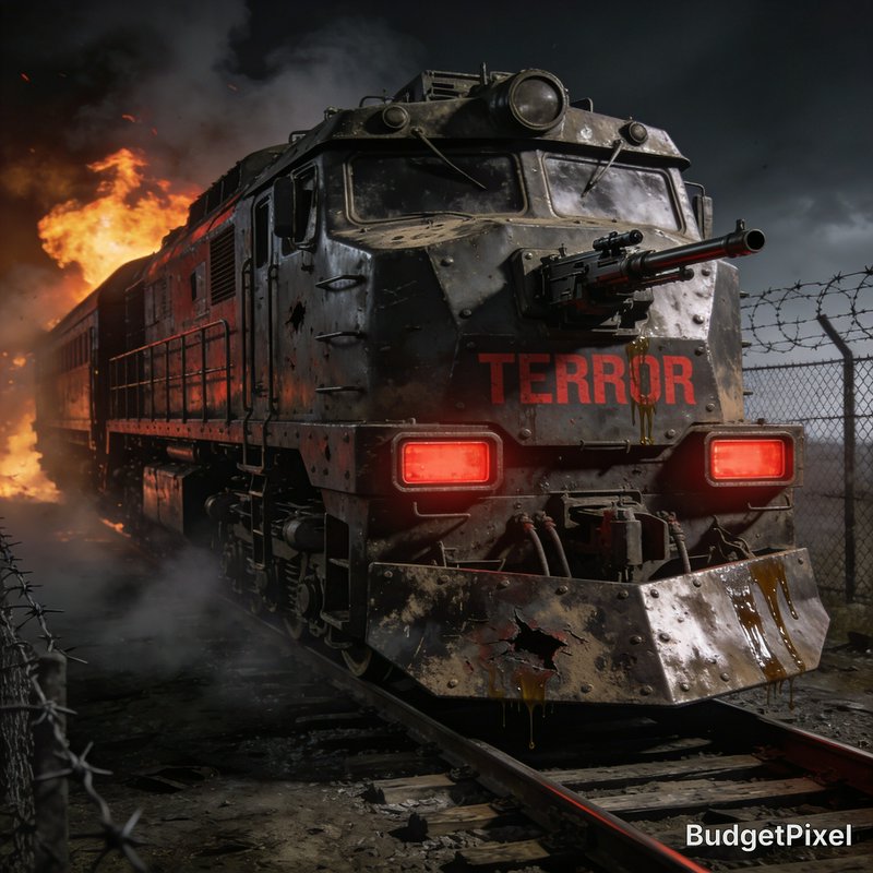 Dark, damaged locomotive labeled "TERROR" on fire along a rusted rail beside barbed wire.