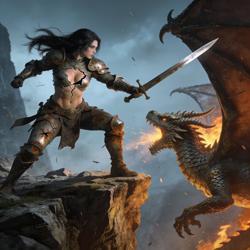 Armored female warrior with a drawn sword battles a fire-breathing dragon mid-fight atop a rocky ...
