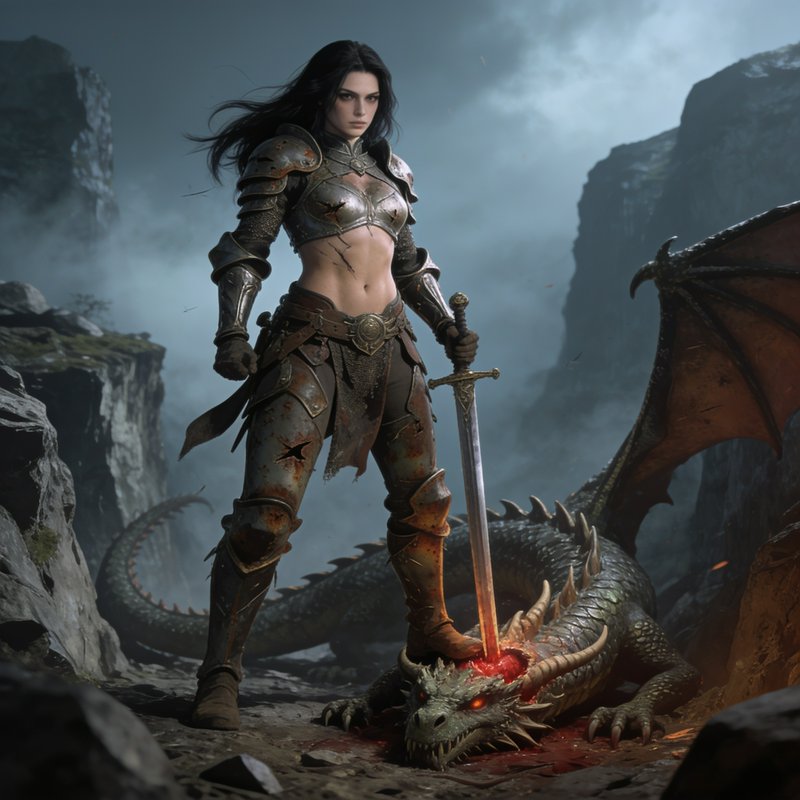 Battle-worn female fantasy warrior stands triumphantly over a slain dragon, her bloodied sword pl...