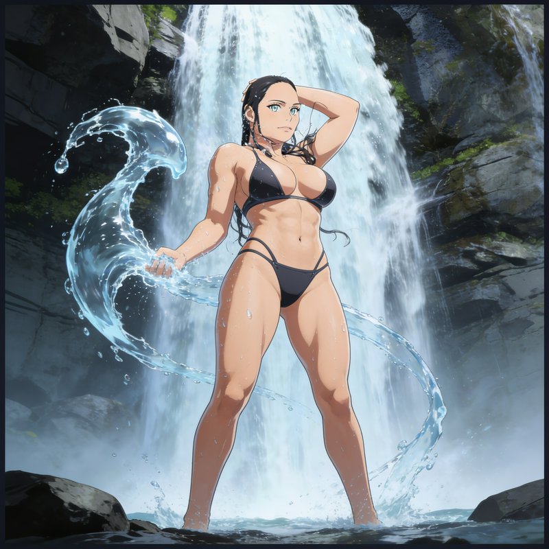Muscular anime woman in black bikini manipulating water magic while standing before a cascading r...