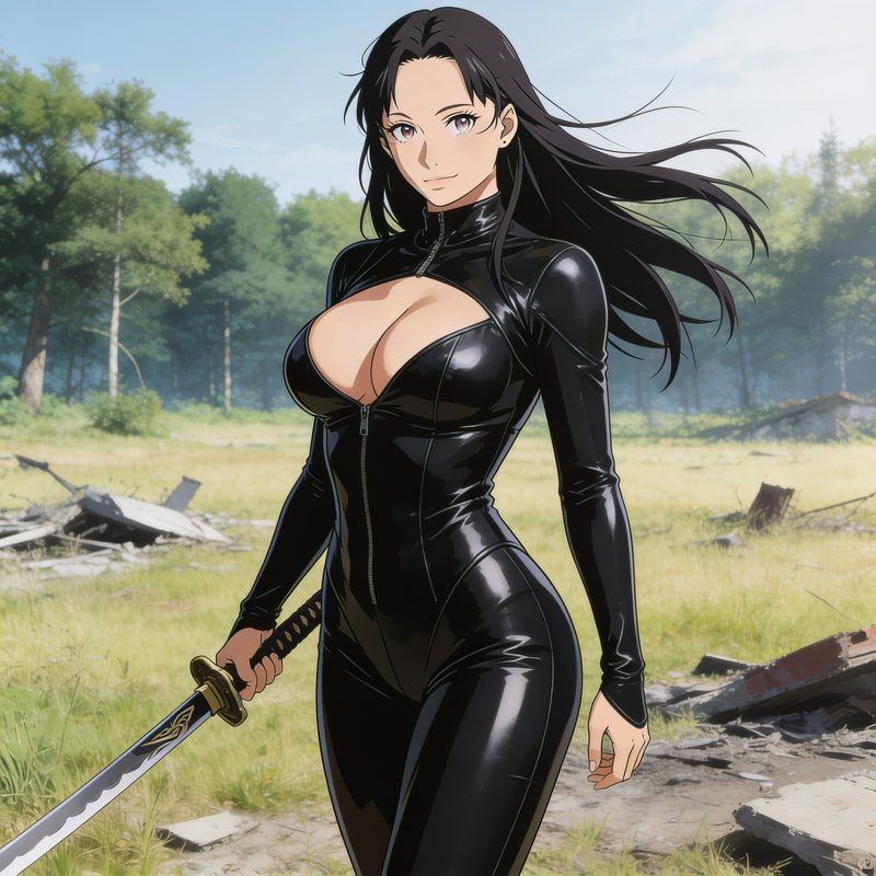 Anime female warrior in glossy black catsuit holding an ornate katana, standing in a sunlit ruine...